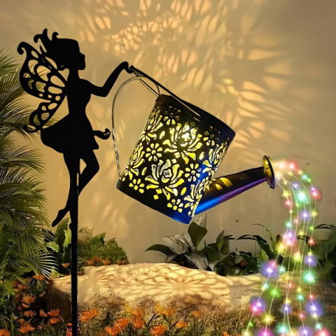 Articole pentru Gradina si Bricolaj - Decor Ornament pentru Gradina, Flippy, Decoratiune pentru Gradina, Model Zana cu Stropitoare, Lumini LED Alb Cald, Inaltime 63 cm, Negru