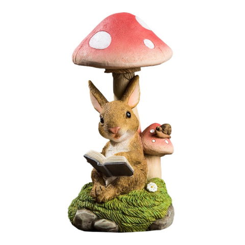 Articole pentru Gradina si Bricolaj - Decoratiune pentru Gradina, Flippy, Lumini LED cu Incarcare solara, 19.5 x 9.5 x 9.5 cm, Model Ciuperca cu Iepuras care Citeste, Maro deschis