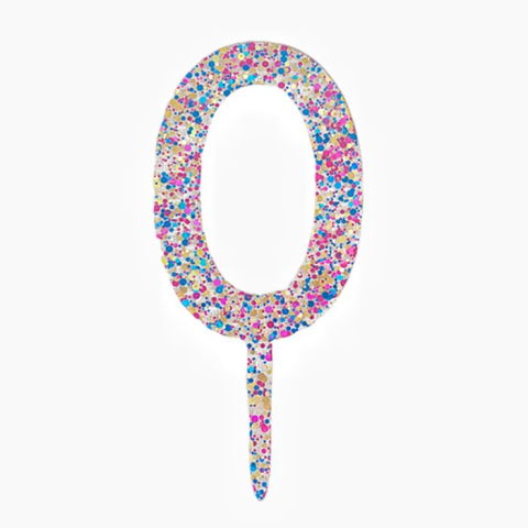 Lumanari si Toppere - Decoratiune Topper pentru Tort, Flippy, din Acrilic cu Fulgi de Sclipici, Model Cifra 0, Inaltime 18.5 cm, Transparent Multicolor
