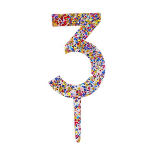 Lumanari si Toppere - Decoratiune Topper pentru Tort, Flippy, din Acrilic cu Fulgi de Sclipici, Model Cifra 3, Inaltime 18.5 cm, Transparent Multicolor 