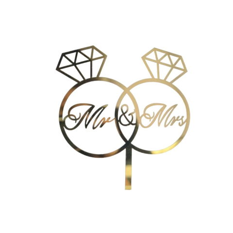 Lumanari si Toppere - Decoratiune Topper pentru Tort, Flippy, Model Inele Mr&amp;Mrs, Tematica Nunta, 10 cm, Auriu