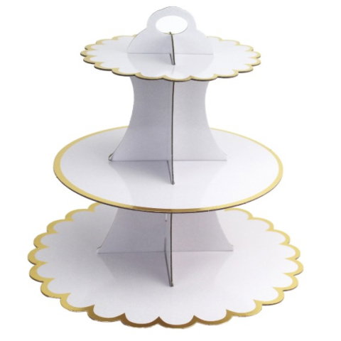 Import - Etajera pentru Prajituri, Flippy, din Carton, 3 Nivele, 16/22/29 cm Diametru, Inaltime 38 cm, Alb