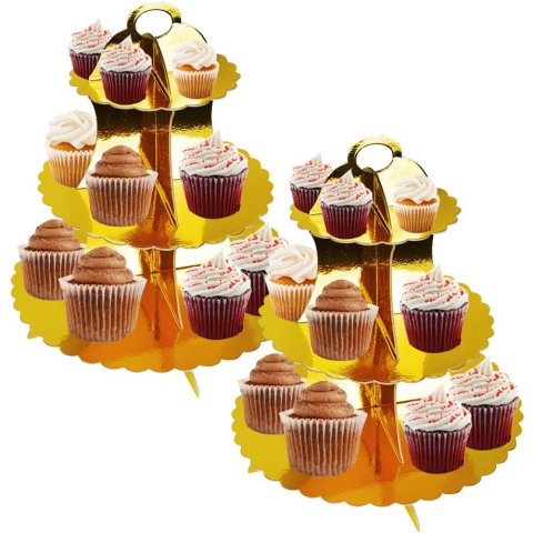 Import - Etajera pentru Prajituri, Flippy, din Carton, 3 Nivele, 16/22/29 cm Diametru, Inaltime 38 cm, Auriu