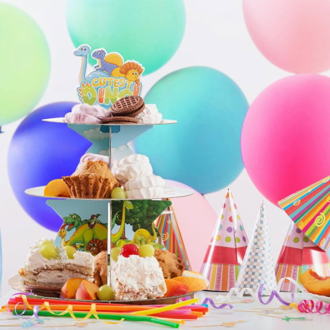 Import - Etajera pentru Prajituri, Flippy, din Carton, 3 Nivele, 16/22/29 cm Diametru, Inaltime 38 cm, Tema Dinozauri Dino, Multicolor