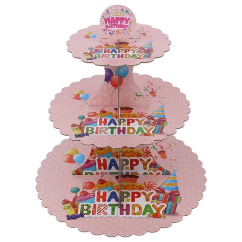 Import - Etajera pentru Prajituri, Flippy, din Carton, 3 Nivele, 16/22/29 cm Diametru, Inaltime 38 cm, Tema Happy Birthday, Roz