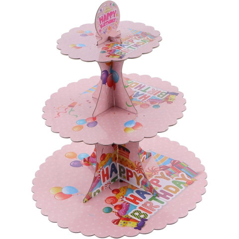Import - Etajera pentru Prajituri, Flippy, din Carton, 3 Nivele, 16/22/29 cm Diametru, Inaltime 38 cm, Tema Happy Birthday, Roz