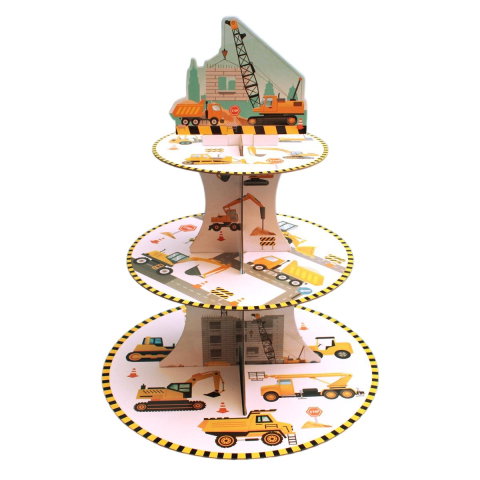 Import - Etajera pentru Prajituri, Flippy, din Carton, 3 Nivele, 16/22/29 cm Diametru, Inaltime 38 cm, Tema Utilaje de Santier, Multicolor