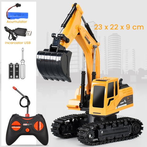 Jucarii pentru copii - Excavator Jucarie pentru Copii, Flippy, Jucarie Excavator cu Telecomanda, Jucarie de Constructie, Acumulator cu Incarcare USB, 23 x 22 x 9 cm, Portocaliu