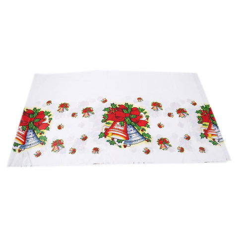 Perne Voiaj, Paturi si Textile - Fata de masa dreptunghiulara Flippy, PVC, 2.5 mm grosime, imprimeu clopotei, potrivit pentru Craciun, utilizare multipla, 180 x 108 cm, alb