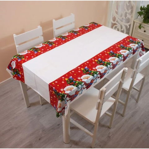 Perne Voiaj, Paturi si Textile - Fata de masa dreptunghiulara Flippy, PVC, 2.5 mm grosime, imprimeu Mos Craciun cu iepuras, potrivit pentru Craciun, utilizare multipla, 180 x 108 cm, alb