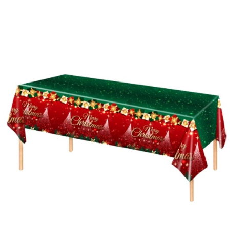 Fete Masa si Perdele Franjurate - Fata de Masa Festiva, Flippy, Dreptunghiulara, Imprimeu Merry Christmas, Tema Craciun, Rezistenta la Apa, din PVC, 137 x 274 cm, Rosu/Verde