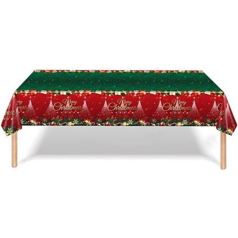 Fete Masa si Perdele Franjurate - Fata de Masa Festiva, Flippy, Dreptunghiulara, Imprimeu Merry Christmas, Tema Craciun, Rezistenta la Apa, din PVC, 137 x 274 cm, Rosu/Verde
