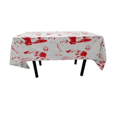 Fete Masa si Perdele Franjurate - Fata de Masa, Flippy, din Folie, Imprimeu Halloween - Help Me, 137 x 274 cm, Alb/Rosu