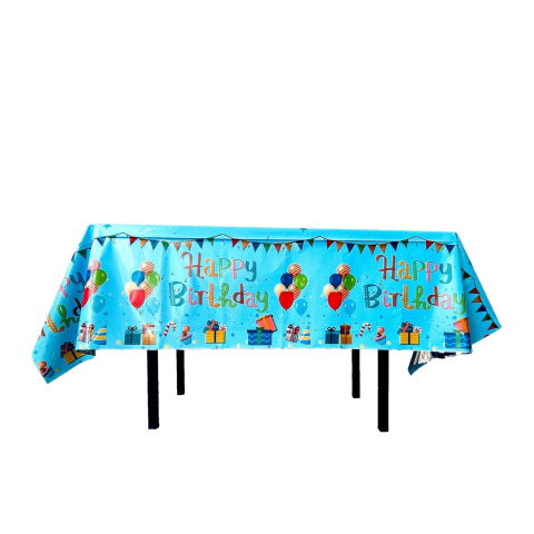 Fete Masa si Perdele Franjurate - Fata de Masa, Flippy, din Folie, Imprimeu Happy Birthday cu Baloane, 137 x 183 cm, Albastru