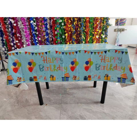 Fete Masa si Perdele Franjurate - Fata de Masa, Flippy, din Folie, Imprimeu Happy Birthday cu Baloane, 137 x 183 cm, Albastru