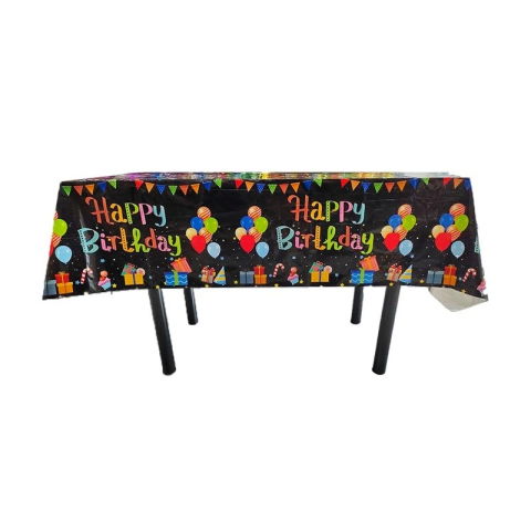 Fete Masa si Perdele Franjurate - Fata de Masa, Flippy, din Folie, Imprimeu Happy Birthday cu Baloane, 137 x 183 cm, Negru