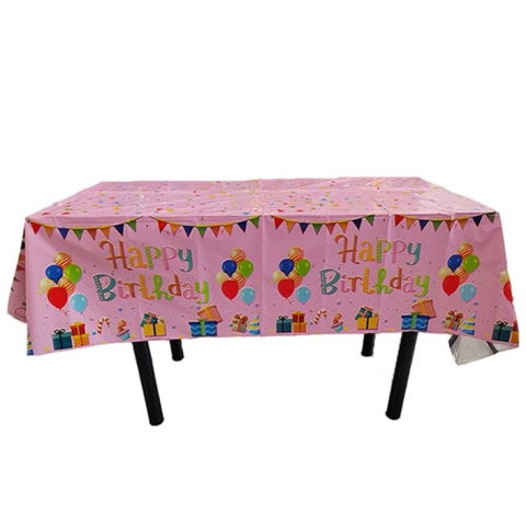Fete Masa si Perdele Franjurate - Fata de Masa, Flippy, din Folie, Imprimeu Happy Birthday cu Baloane, 137 x 183 cm, Roz