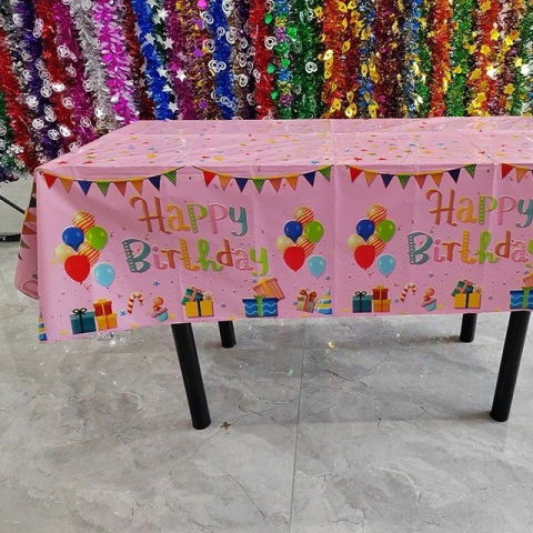Fete Masa si Perdele Franjurate - Fata de Masa, Flippy, din Folie, Imprimeu Happy Birthday cu Baloane, 137 x 183 cm, Roz