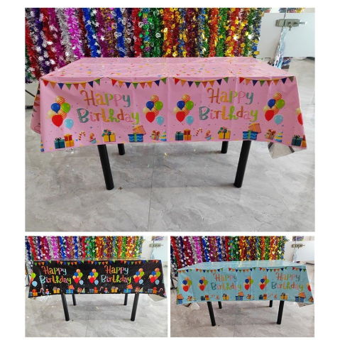 Fete Masa si Perdele Franjurate - Fata de Masa, Flippy, din Folie, Imprimeu Happy Birthday cu Baloane, 137 x 274 cm, Negru