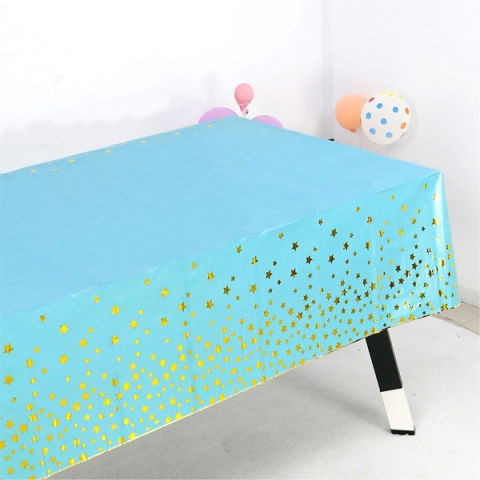 Fete Masa si Perdele Franjurate - Fata de Masa, Flippy, din Folie, Imprimeu Stele Aurii, Impermeabila, 137 x 274 cm, Albastru