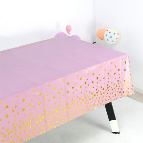 Fete Masa si Perdele Franjurate - Fata de Masa, Flippy, din Folie, Imprimeu Stele Aurii, Impermeabila, 137 x 274 cm, Roz