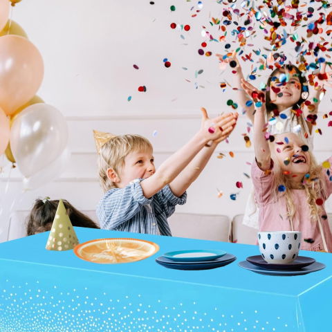 Fete Masa si Perdele Franjurate - Fata de Masa, Flippy, din PEVA, Imprimeu Buline Argintii, 137 x 274 cm, Impermeabila, Fara Pete, Curatare Rapida, Albastru