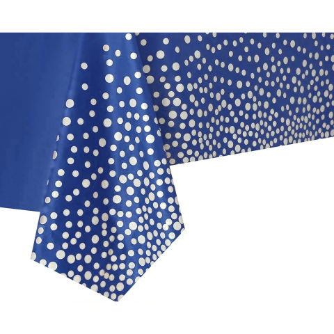 Fete Masa si Perdele Franjurate - Fata de Masa, Flippy, din PEVA, Imprimeu Buline Argintii, 137 x 274 cm, Impermeabila, Fara Pete, Curatare Rapida, Albastru Inchis