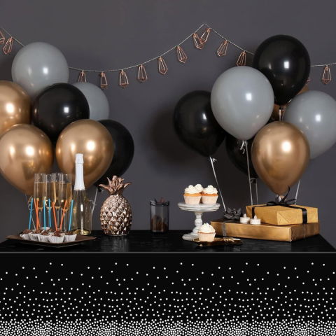 Fete Masa si Perdele Franjurate - Fata de Masa, Flippy, din PEVA, Imprimeu Buline Argintii, 137 x 274 cm, Impermeabila, Fara Pete, Curatare Rapida, Negru