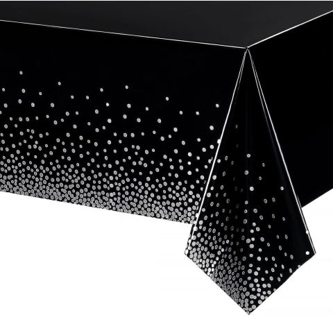Fete Masa si Perdele Franjurate - Fata de Masa, Flippy, din PEVA, Imprimeu Buline Argintii, 137 x 274 cm, Impermeabila, Fara Pete, Curatare Rapida, Negru