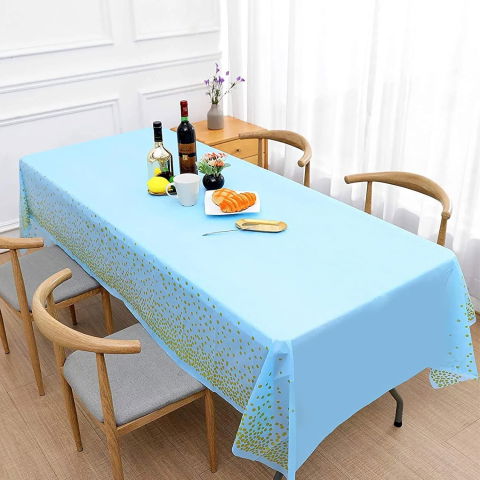 Fete Masa si Perdele Franjurate - Fata de Masa, Flippy, din PEVA, Imprimeu Buline Aurii, 137 x 274 cm, Impermeabila, Fara Pete, Curatare Rapida, Albastru