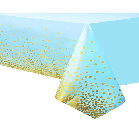 Fete Masa si Perdele Franjurate - Fata de Masa, Flippy, din PEVA, Imprimeu Buline Aurii, 137 x 274 cm, Impermeabila, Fara Pete, Curatare Rapida, Albastru