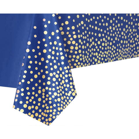 Fete Masa si Perdele Franjurate - Fata de Masa, Flippy, din PEVA, Imprimeu Buline Aurii, 137 x 274 cm, Impermeabila, Fara Pete, Curatare Rapida, Albastru Inchis