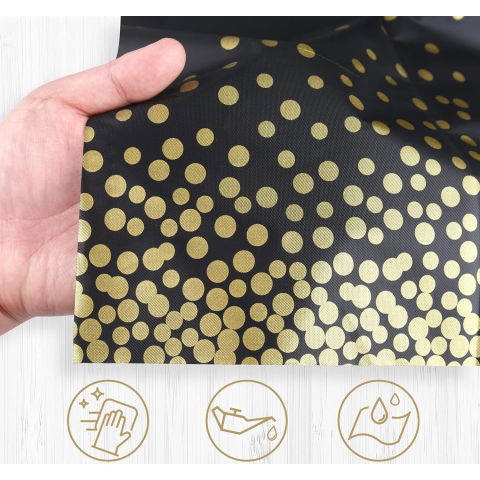 Fete Masa si Perdele Franjurate - Fata de Masa, Flippy, din PEVA, Imprimeu Buline Aurii, 137 x 274 cm, Impermeabila, Fara Pete, Curatare Rapida, Negru