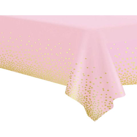 Fete Masa si Perdele Franjurate - Fata de Masa, Flippy, din PEVA, Imprimeu Buline Aurii, 137 x 274 cm, Impermeabila, Fara Pete, Curatare Rapida, Roz Deschis