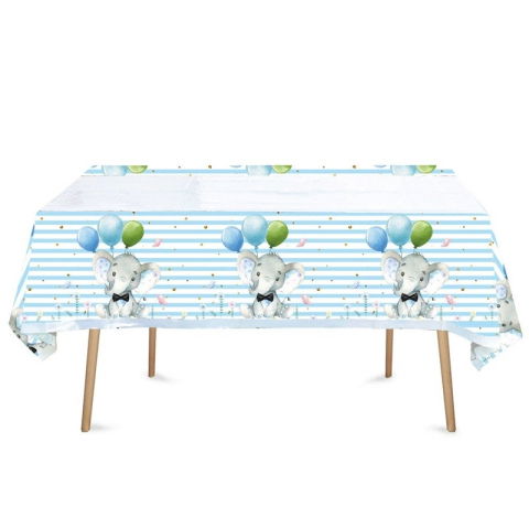 Fete Masa si Perdele Franjurate - Fata de Masa, Flippy, din Plastic, Imprimeu Elefanti, 180 x 108 cm, Albastru