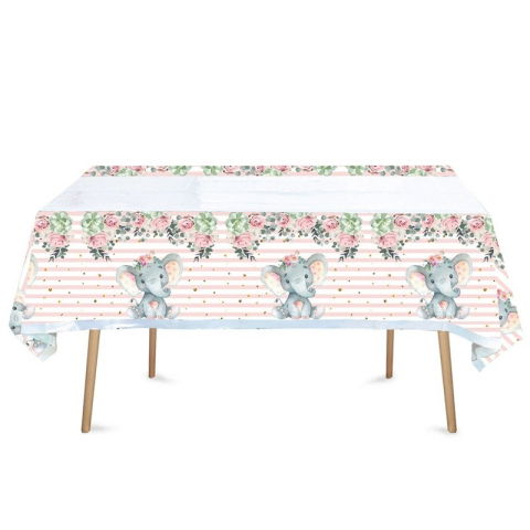 Fete Masa si Perdele Franjurate - Fata de Masa, Flippy, din Plastic, Imprimeu Elefanti, 180 x 108 cm, Roz