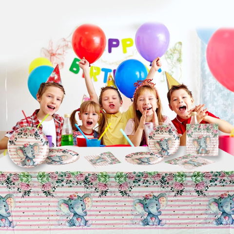 Fete Masa si Perdele Franjurate - Fata de Masa, Flippy, din Plastic, Imprimeu Elefanti, 180 x 108 cm, Roz