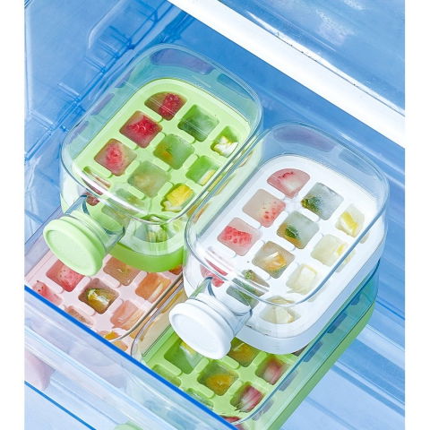 Forme cuburi de gheata - Forma de Gheata, Flippy, 2in1, Tip Sticla cu Pai, 500 ml, 12 Cuburi, 16.3 x 10.8 x 8 cm, Roz