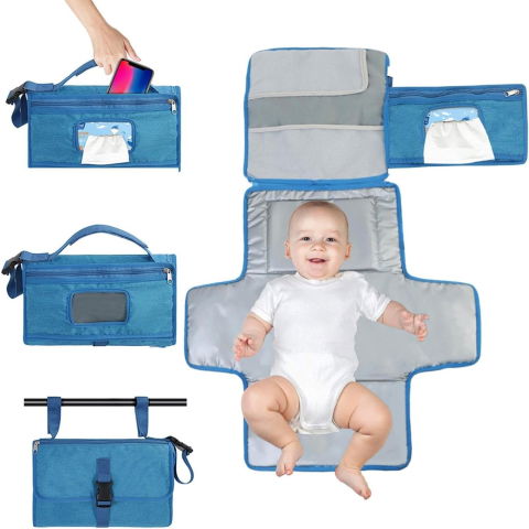 Articole pentru copii - Geanta Multifunctionala, Flippy, Tip Aleza de Schimbat Scutece, Impermeabila, din Panza Oxford, cu Buzunare, Usor de Agatat, 30 x 20 cm, Albastru