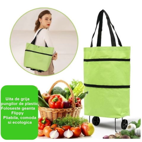 Diverse Casa - Geanta Pliabila, Flippy, 2 in 1, Carucior cu Roti, pentru Cumparaturi, 19 l, Verde, Plastic, 39 x 46 x 12 cm
