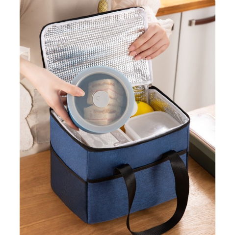 Genti Termoizolante Mancare - Geanta Termica Flippy pentru Pranz, Compartimente Telefon si Tacamuri, Multifunctionala, Impermeabila, 24x18x21 cm, Albastru