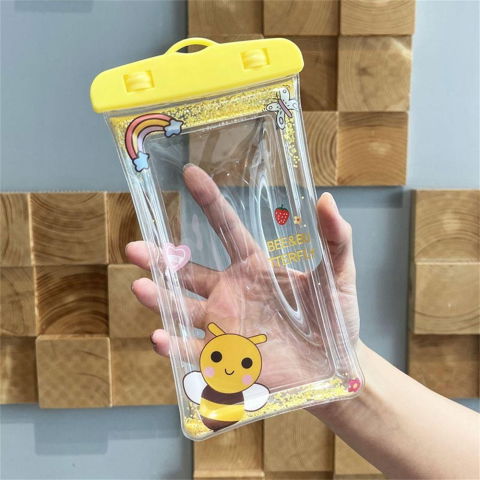 Glitter Kids - Husa subacvatica Glitter Kids Waterproof Flippy, Snowproof, Universala, cu Snur, pentru telefon sau documente, Bee, Galben