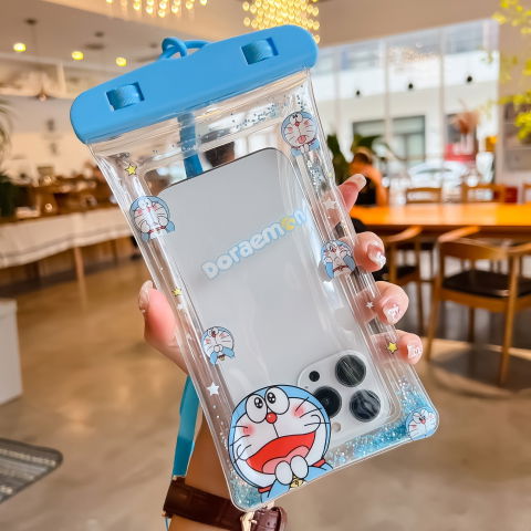 Glitter Kids - Husa subacvatica Glitter Kids Waterproof Flippy, Snowproof, Universala, cu Snur, pentru telefon sau documente, Cat, Bleu