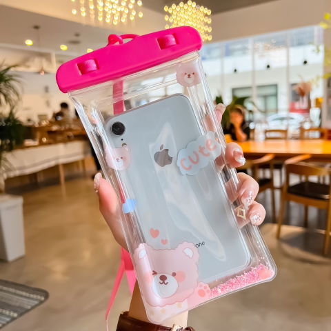 Glitter Kids - Husa subacvatica Glitter Kids Waterproof Flippy, Snowproof, Universala, cu Snur, pentru telefon sau documente, Cute Bear, Roz