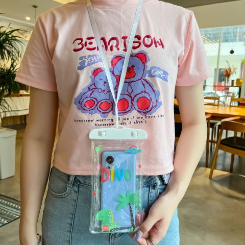 Glitter Kids - Husa subacvatica Glitter Kids Waterproof Flippy, Snowproof, Universala, cu Snur, pentru telefon sau documente, Dino, Alb