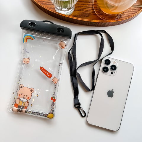 Glitter Kids - Husa subacvatica Glitter Kids Waterproof Flippy, Snowproof, Universala, cu Snur, pentru telefon sau documente, Lucky Bear, Negru