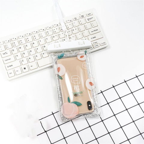 Glitter Kids - Husa subacvatica Glitter Kids Waterproof Flippy, Snowproof, Universala, cu Snur, pentru telefon sau documente, Peach, Alb