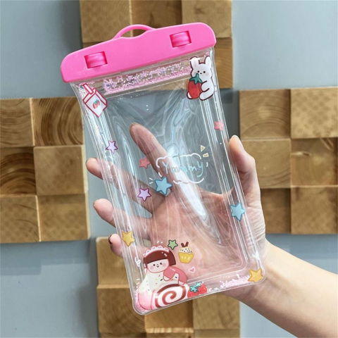 Glitter Kids - Husa subacvatica Glitter Kids Waterproof Flippy, Snowproof, Universala, cu Snur, pentru telefon sau documente, Sweet Girl, Roz