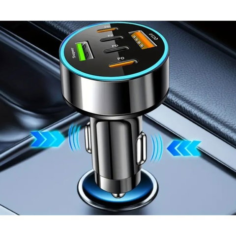 TeoMarket - Incarcator Auto 6 in 1, Flippy, 2 x Port USB Fast Charge QC3.0 si 4 x Type C, PD 65W, Negru