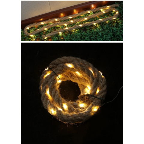 25 - 50 LEI - Instalatie Luminoasa, Flippy, cu Fir de Cupru, 3 m, 60 LED-uri, Model Sfoara de Canepa, cu Baterii, 8 Jocuri de Lumini, IP44, Alb Cald